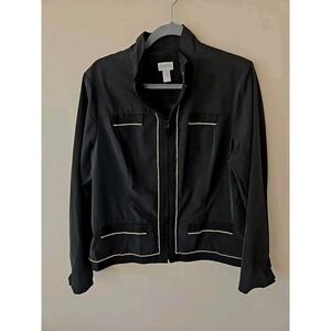 Chico's 2 Jacket Women L Black Lightweight Gold Chain Trim High Collar Full Zip
